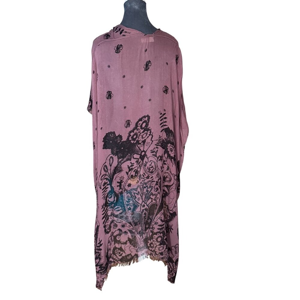 Free People Bohemian Paisley Floral Kimono Cardigan With Fringe Hem In Mauve & B - Picture 6 of 7